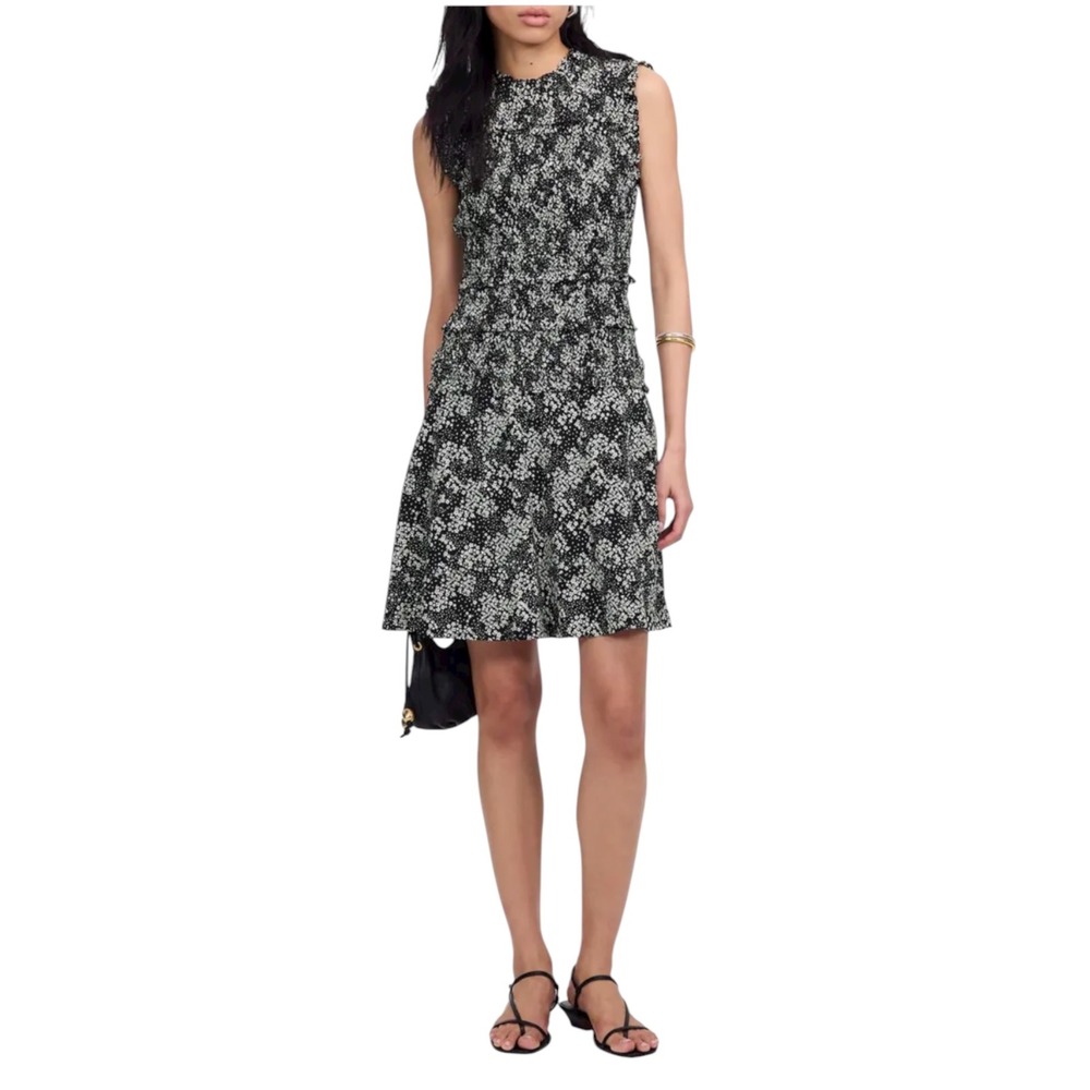 Madewell Smocked Crewneck Mini Dress in Floral Size 0 Black NWT